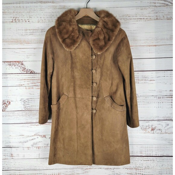 Vtg 60’s Leather Jacket Coat Brown Womens 6 Suede Leather Buttons Lined Collar - Picture 1 of 15